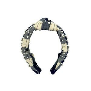 LELE SADOUGHI Faux Pearls Midnight Navy Blue Gingham Plaid Headband Dustbag